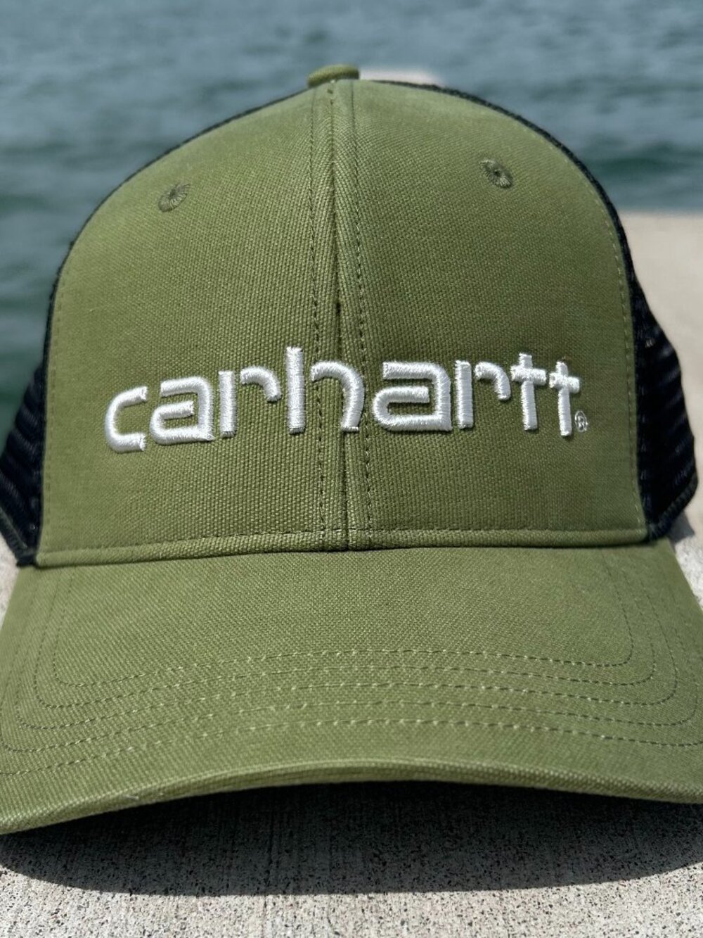 Carhartt Canvas Mesh Back Trucker Snapback Hat Olive Green Black Script Logo